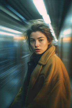 Portrait of a beautiful young woman in a yellow coat in the subwayの素材