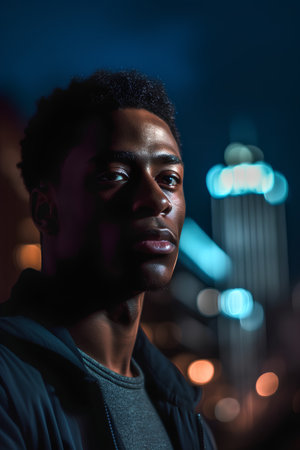 Handsome african american man in the city at nightの素材