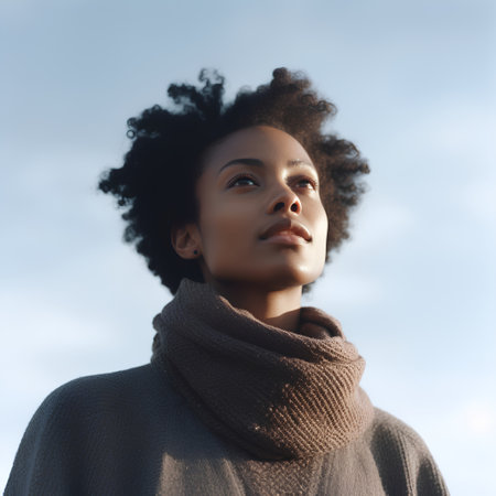 Beautiful young african american woman with afro hairstyle wearing sweater and scarf.の素材