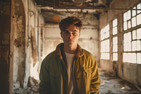 Portrait of a handsome young man in a yellow jacket in an abandoned factory.の素材