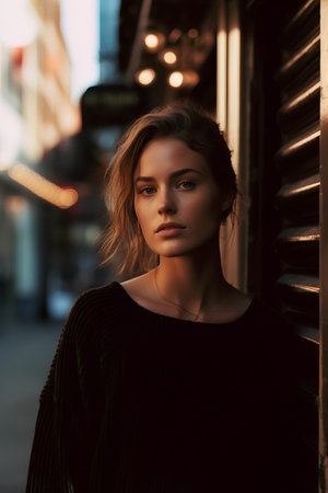 Portrait of a beautiful young woman in a black sweater in the city.の素材