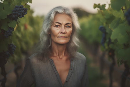 Portrait of mature woman with grey hair in vineyard on autumn dayの素材
