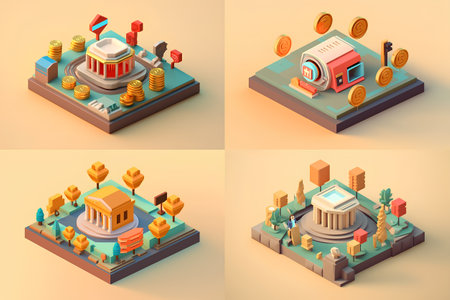 Set of isometric bank buildings and objects. Vector illustration in flat styleの素材