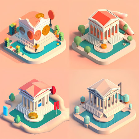Set of isometric bank buildings and houses on the bank. Vector illustrationの素材