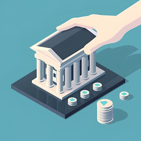 Bank building in isometric style with hand and coins on blue backgroundの素材