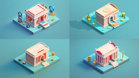 Bank building isometric 3d icons set with bank building and money vector illustrationの素材