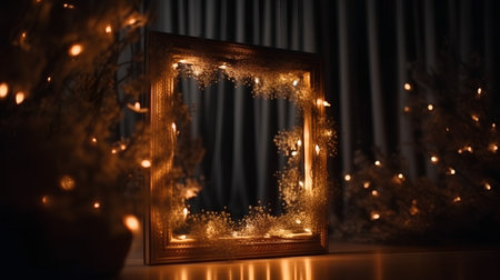 Christmas window with golden lights and bokeh on a dark backgroundの素材