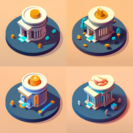 Bank isometric icons set with bank building and coins isolated vector illustrationの素材