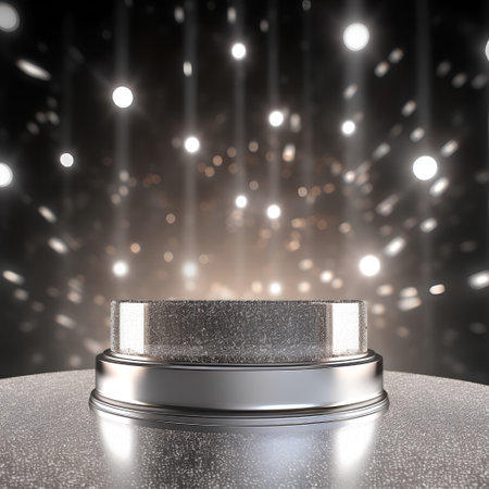 Round podium illuminated with spotlights. Award ceremony concept. 3D renderingの素材
