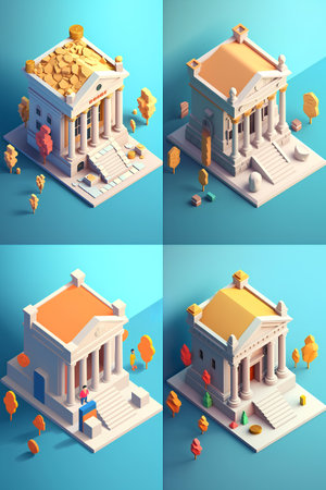 Bank building isometric concept with bank building and coins isolated vector illustrationの素材