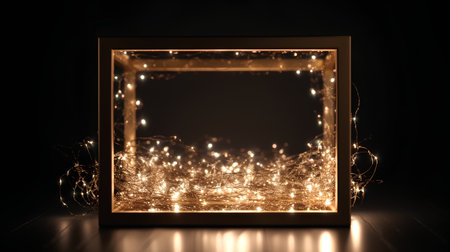 3d illustration of a golden frame with lights in it on a dark backgroundの素材