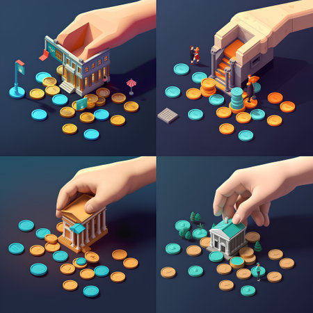Set of 3d isometric bank building, coins and hands.の素材