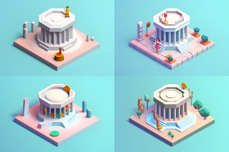 Set of isometric buildings and monuments. Vector illustration in flat style.の素材