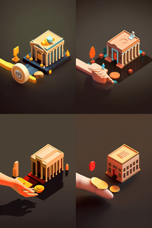 Set of isometric icons of bank building, money in hand and coins.の素材
