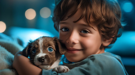 Cute little boy with a puppy at home. Selective focus.の素材