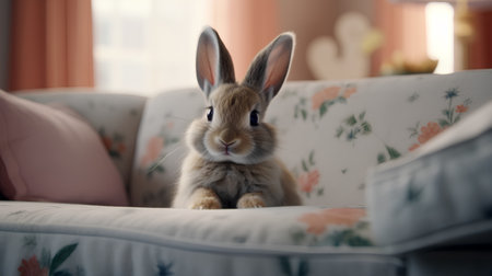 Cute rabbit sitting on sofa at home. Selective focus.の素材