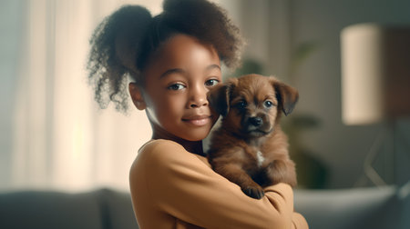 Beautiful african american little girl with puppy at home.の素材