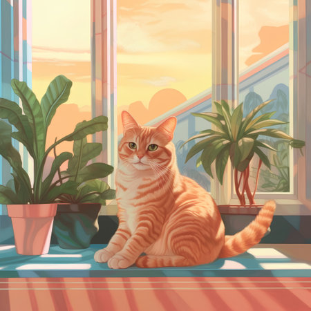 Cat sitting on the windowsill and looking at the sunset, illustrationの素材