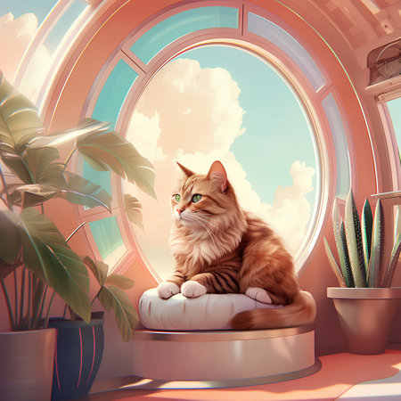 Maine Coon cat sitting in room with window. 3D renderingの素材
