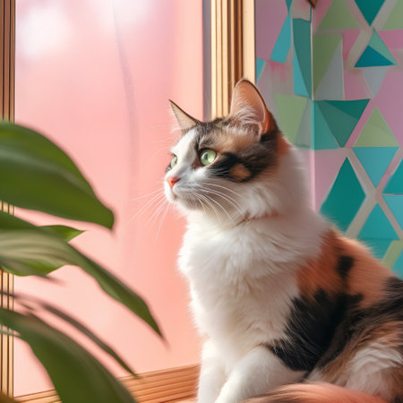 Tricolor cat with green eyes sits on a window sill.の素材