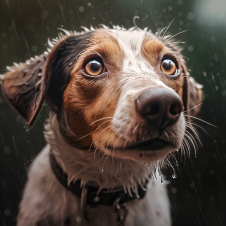 Portrait of a cute dog with big eyes in the rain.の素材