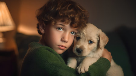 portrait of a cute little boy with a puppy in his armsの素材