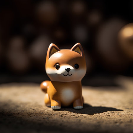 Cute little fox figurine on a brown background. Selective focus.の素材