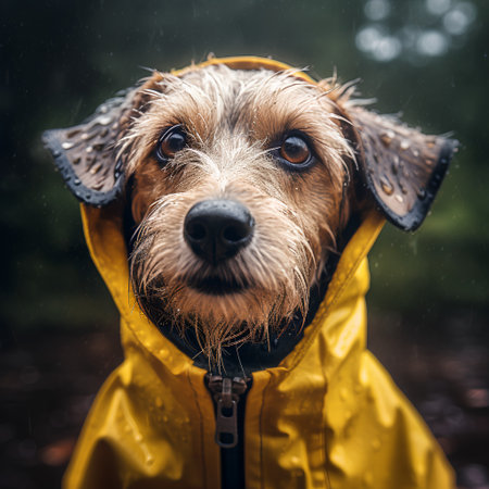Portrait of a cute dog in a raincoat on a rainy day.の素材