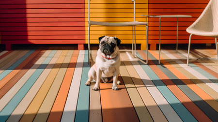 cute pug sitting on wooden floor and looking at camera in cafeの素材