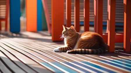 ginger cat sitting on the terrace in the rays of the sunの素材