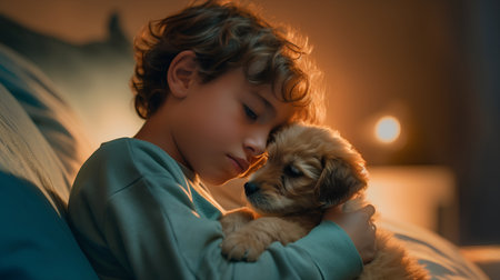 A little boy with a puppy in his arms at home in the evening.の素材