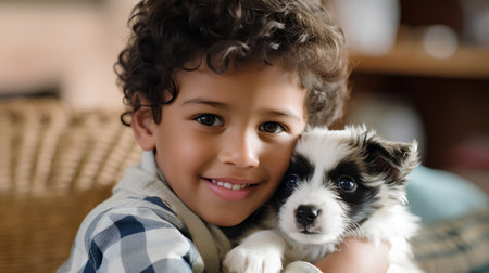 Portrait of a cute mixed race boy with his puppy at homeの素材