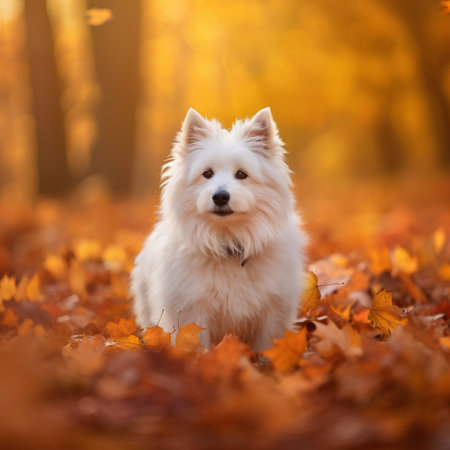 White fluffy Samoyed dog in the autumn park. Beautiful petの素材