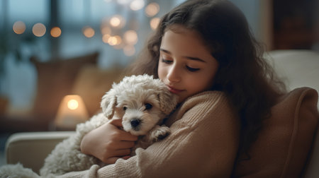 Cute little girl sitting on sofa with her dog at home.の素材