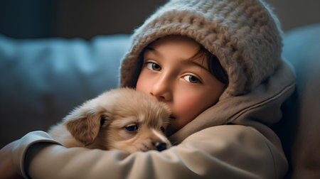Cute little girl with a puppy in her arms at home.の素材