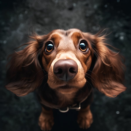Portrait of a long-haired dachshund dog on dark backgroundの素材