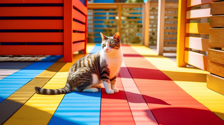 Cute tabby cat sitting on a colorful playground on a sunny dayの素材