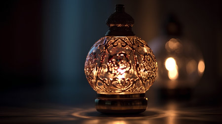 Decorative oil lamp on a dark background. Selective focus.の素材