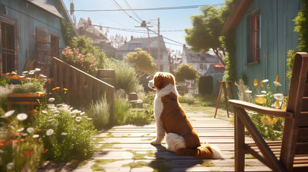 dog in the garden. Nova Scotia Duck Tolling Retriever in the villageの素材