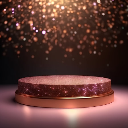 Golden podium on a dark background. 3d rendering. Bokeh effect.の素材