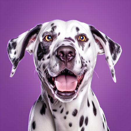 Dalmatian dog with open mouth isolated on purple background.の素材