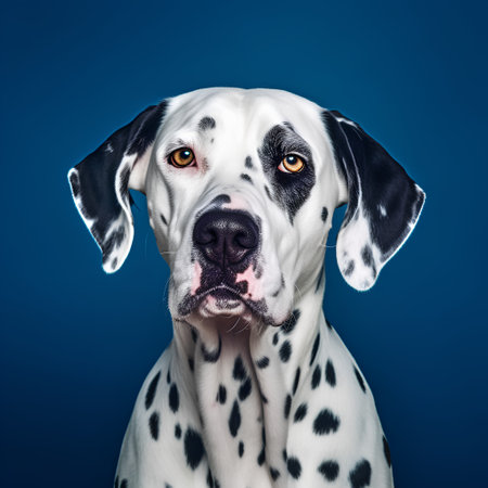 Studio portrait of a dalmatian dog on a blue background.