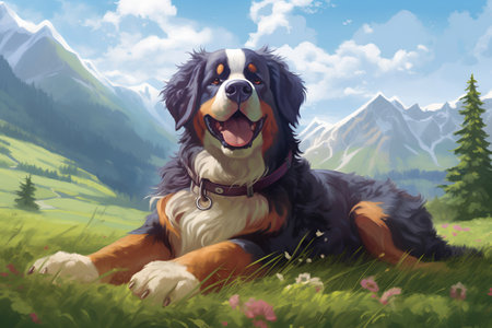 Bernese mountain dog lying on the grass in the mountains. Digital painting.の素材