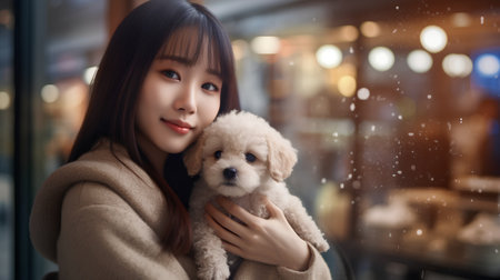 Beautiful asian woman holding a dog in the city at nightの素材