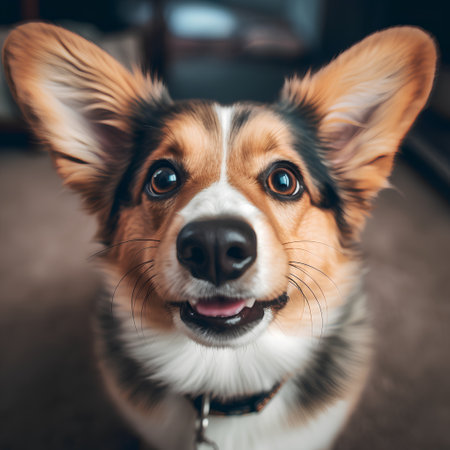 Cute Welsh Corgi dog looking at the camera, close upの素材