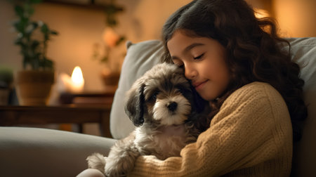 Little girl with long curly hair is sitting on the sofa and hugging a small puppy.の素材