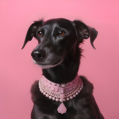 Studio portrait of a mixed breed dog wearing a necklace on a pink backgroundの素材