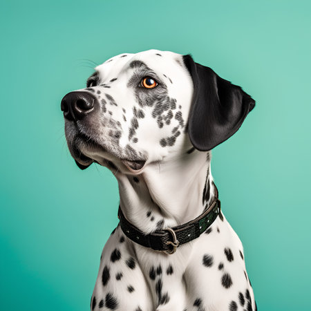 Studio portrait of a dalmatian dog isolated on green backgroundの素材