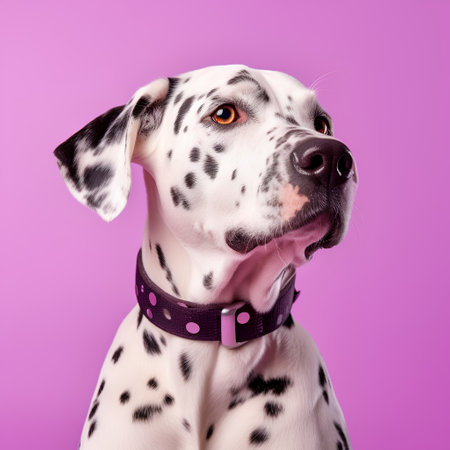 Studio portrait of a cute Dalmatian dog, isolated on pink backgroundの素材