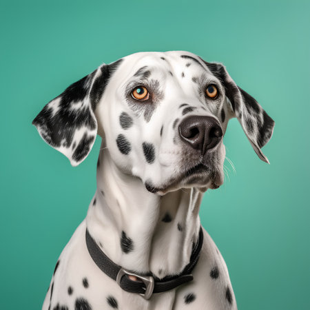 Dalmatian dog isolated on a green background. Studio shot.の素材